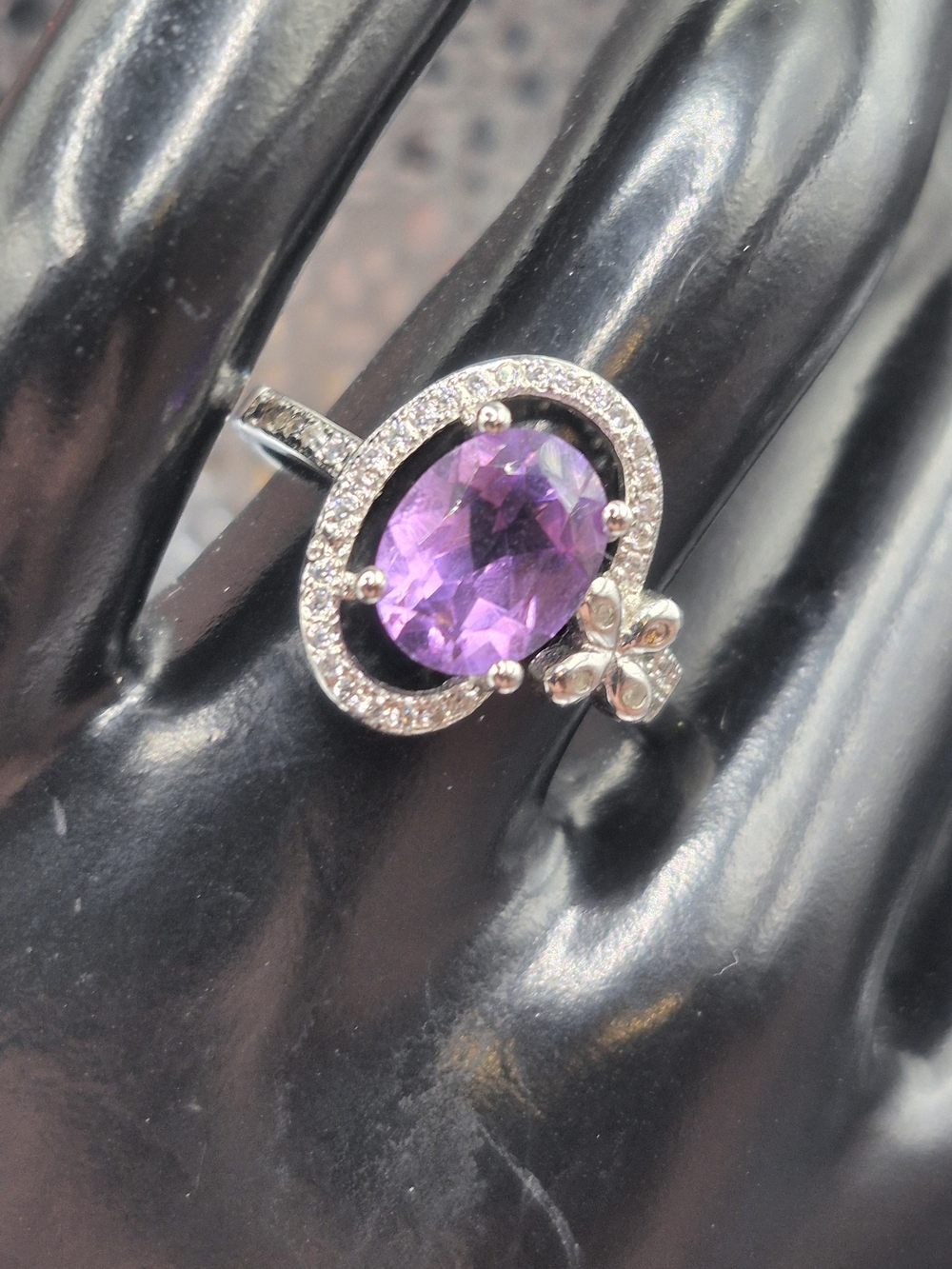 Sterling Silver Oval Amethyst Ring with Pavé Halo Diamonds and Flower Accent